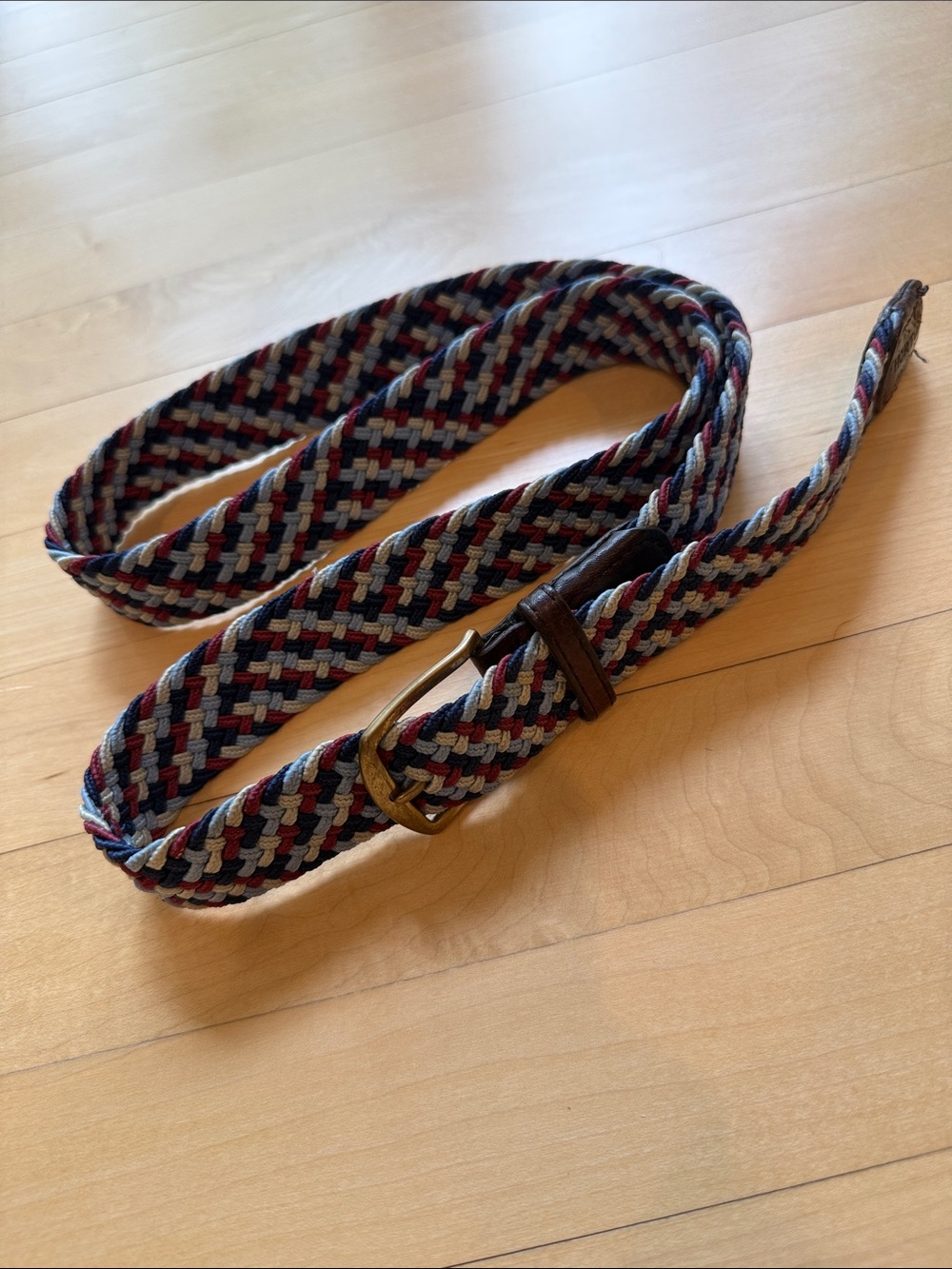 Braided Elastic Belt in Navy, Burgundy & Gray with Brass-Tone Buckle